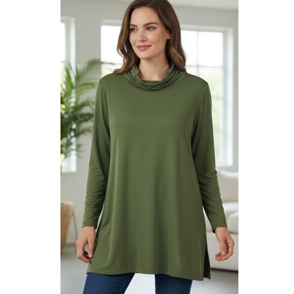 Susan Graver Womens 1X Minimalist Classic Liquid Knit Cowl Neck Tunic Top Green - Picture 2 of 11